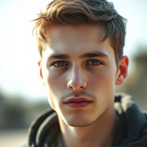 Image agrandie du portrait en ext√©rieur du jeune homme.