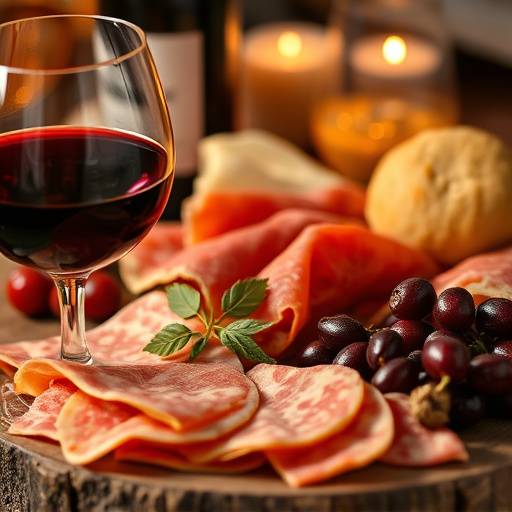 Image agrandie du vin rouge et de la charcuterie lyonnaise.