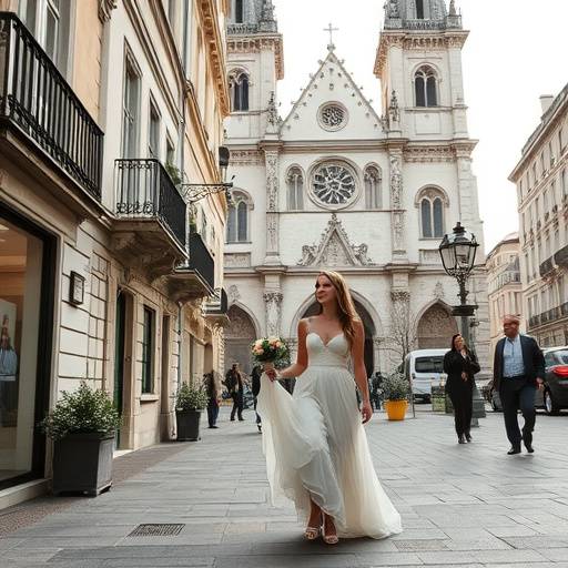 Photo d'un couple de jeunes mariés se promenant dans le Vieux Lyon, avec la cathédrale Saint-Jean en arrière-plan.