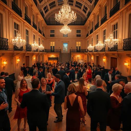Photo d'un gala de charité à Lyon, avec des invités élégamment vêtus dansant sur la piste de danse.