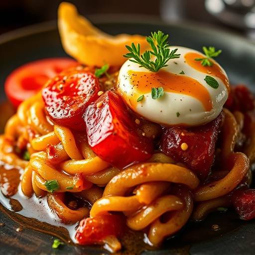 Photo d'un plat de gastronomie franäaise magnifiquement présenté, avec une mise en valeur des couleurs et des textures.