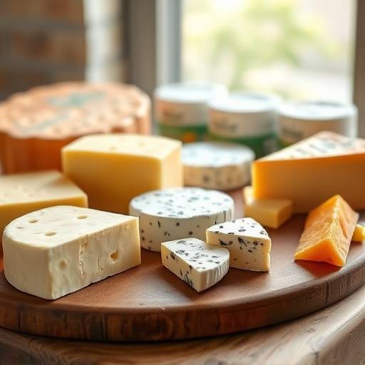 Photo d'un plateau de fromages régionaux, avec une lumière douce et naturelle mettant en valeur leur authenticité.