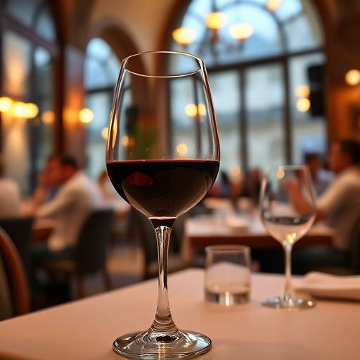 Photo d'un verre de vin rouge servi dans un restaurant lyonnais, avec une ambiance chaleureuse et conviviale.