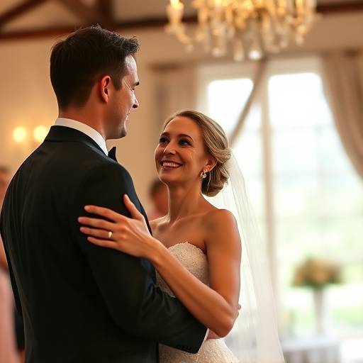 Photo d'une mariée souriant en regardant son mari lors de leur première danse dans un domaine de mariage près de Lyon.