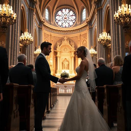 Photo de mariage d'un couple échangeant leurs vœux dans la Basilique Notre-Dame de Fourvière à Lyon.