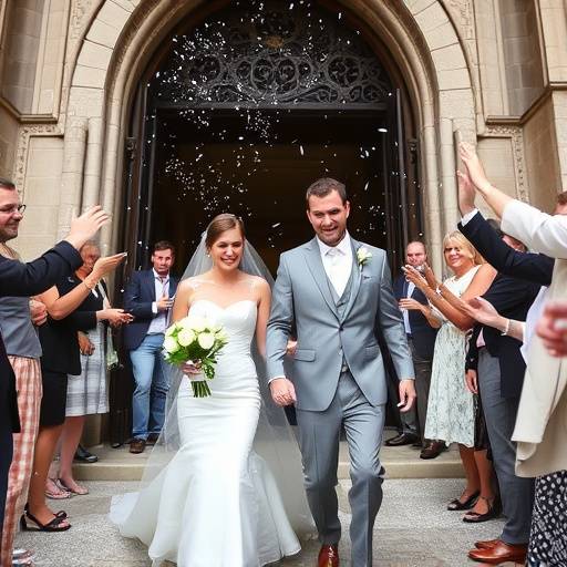 Photo de mariage √† la Basilique Notre-Dame de Fourvi√®re: Les mari√©s sortant de l'√©glise sous une pluie de confettis, entour√©s de leurs proches.