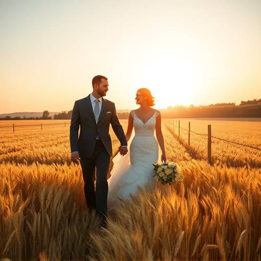 Photo de mariage √† la campagne pr√®s de Lyon: Couple de mari√©s se promenant dans un champ de bl√© au coucher du soleil, avec une lumi√®re dor√©e et romantique.