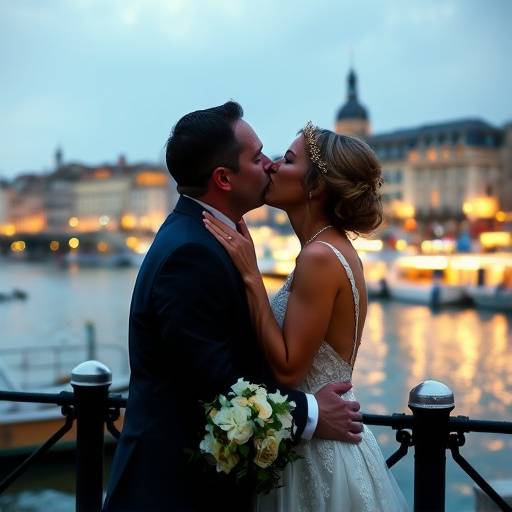 Photo de mariage √† Lyon: Un baiser vol√© entre les mari√©s sur les quais de Sa√¥ne, avec la ville illumin√©e en arri√®re-plan.