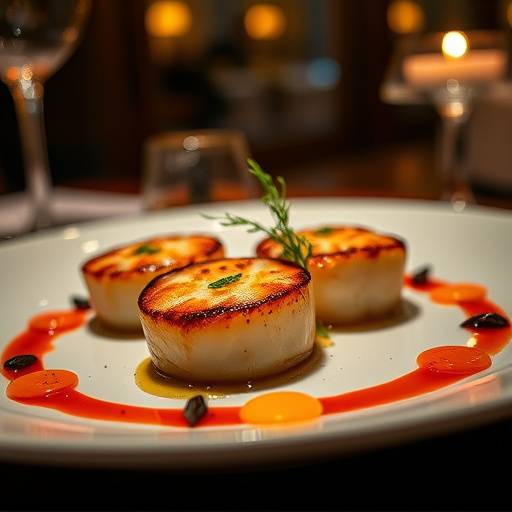 Photographie culinaire d'un plat gastronomique dans un restaurant √©toil√© de Lyon: Assiette de Saint-Jacques po√™l√©es, avec une pr√©sentation soign√©e et des couleurs app√©tissantes.
