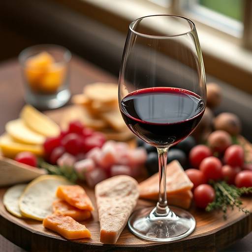 Photographie culinaire d'un verre de vin rouge et une planche de charcuterie lyonnaise: Image mettant en avant les produits locaux et l'art de vivre √† la lyonnaise.