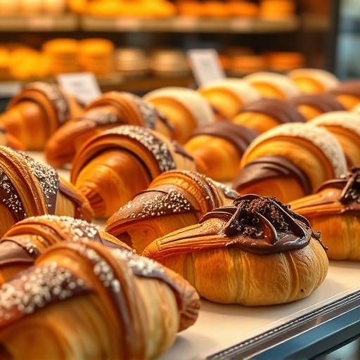 Photographie culinaire de viennoiseries dans une boulangerie lyonnaise: Croissants, pains au chocolat et autres d√©lices expos√©s dans une vitrine app√©tissante.