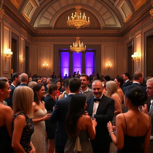 Photographie d'un gala de charit√© √† l'H√¥tel de Ville de Lyon: Invit√©s √©l√©gamment v√™tus profitant de la soir√©e et √©changeant des sourires.