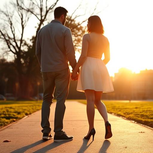 Portrait d'un couple se tenant la main dans un parc à Lyon, avec une lumière naturelle dorée.