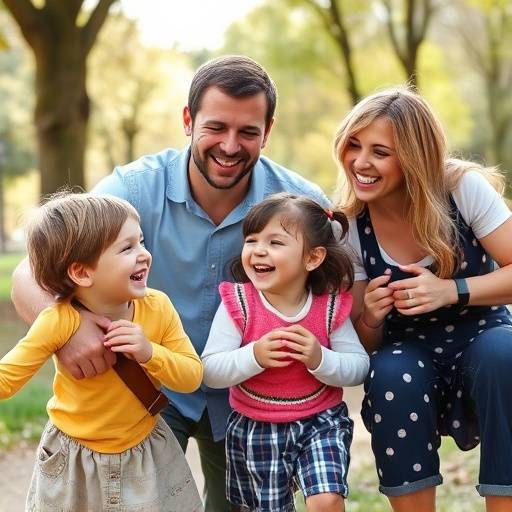 Portrait d'une famille dans un parc lyonnais: S√©ance photo joyeuse avec des enfants riant et jouant avec leurs parents.
