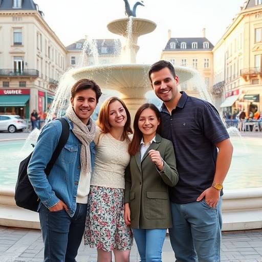 Portrait d'une famille heureuse posant devant la fontaine de la place des Terreaux à Lyon.